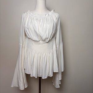 Belle Pogue White Smocked Waist Peasant Blouse Bell Sleeve Festival Top Sz 2XL